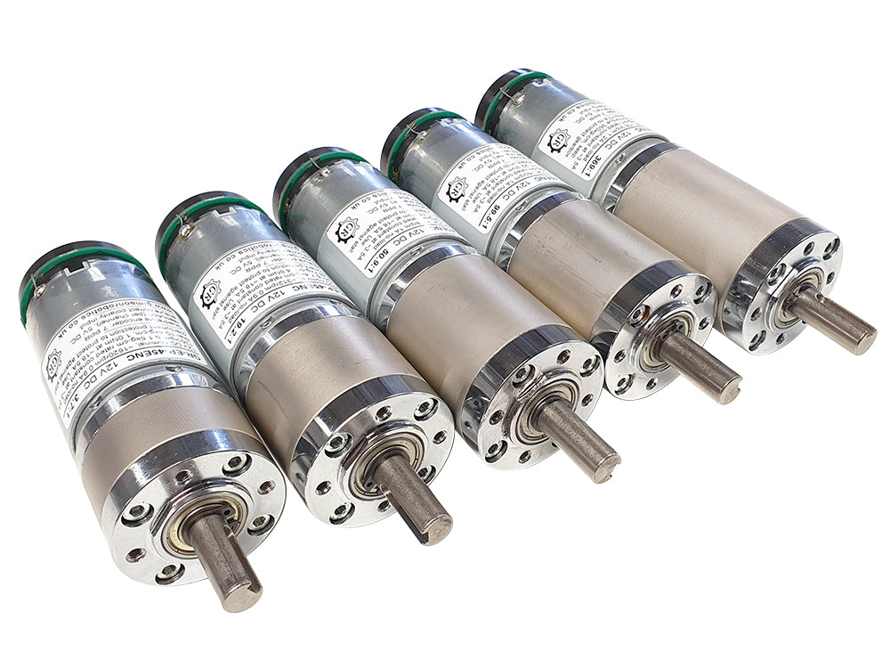 A row of identical planetary gearmotors