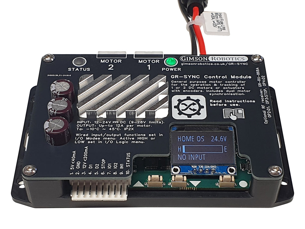Motor controller with an OLED display showing its configuration menu
