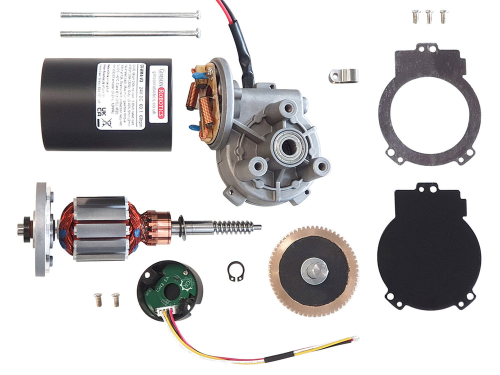 Exploded view of a worm gearmotor showing its internal parts