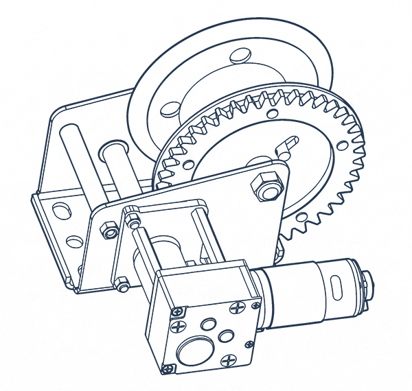 A customised electric winch assembly, with geared right-angle motor driving a geared winch drum